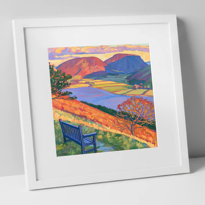 Vibrant Bench View Over Loweswater lake district lake art print in white frame