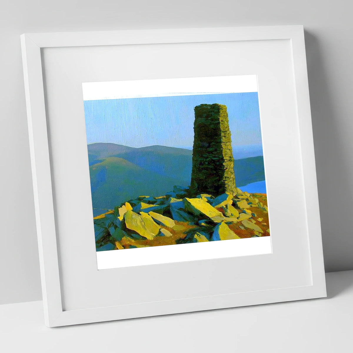 Sunlit Beacon on Thornthwaite Crag lake district fell art print in white frame
