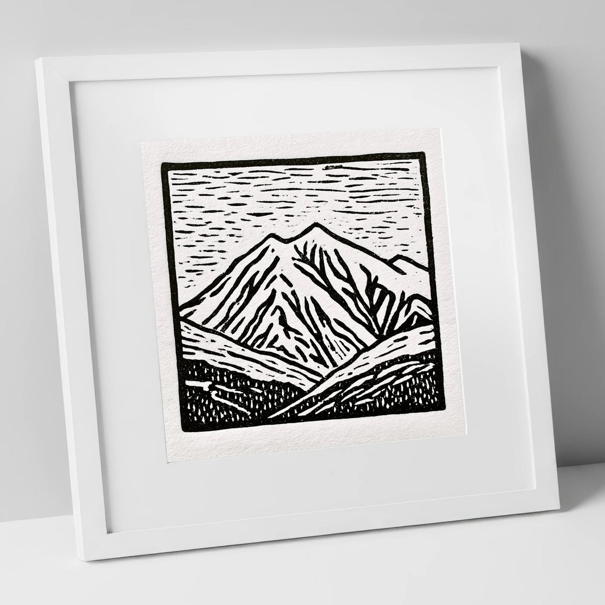 Skiddaw Peak in Graphic Monochrome lake district fell art print in white frame