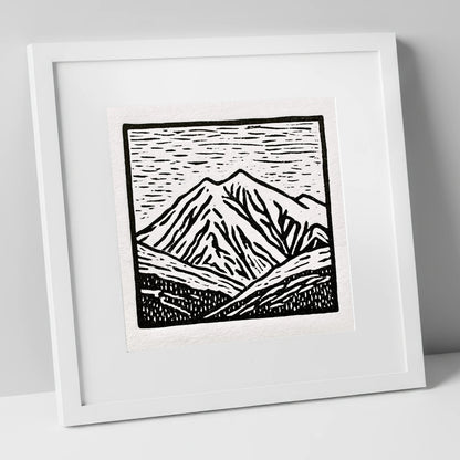 Skiddaw Peak in Graphic Monochrome lake district fell art print in white frame