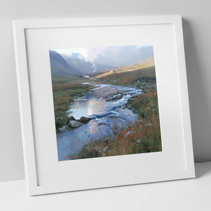Winding Valley River in Sunlight lake district waterfall art print in white frame