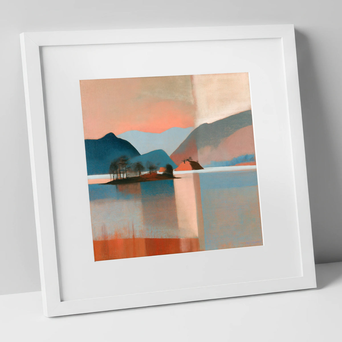 Terracotta Sunset Over Derwentwater lake district lake art print in white frame
