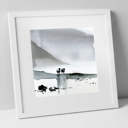Monochrome Herdwick Sheep on Fellside lake district wildlife art print in white frame