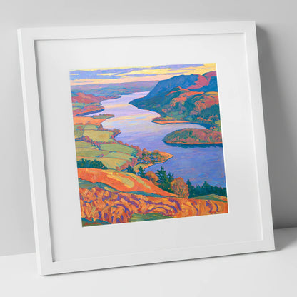 Bold Ullswater and Pooley Bridge lake district village art print in white frame