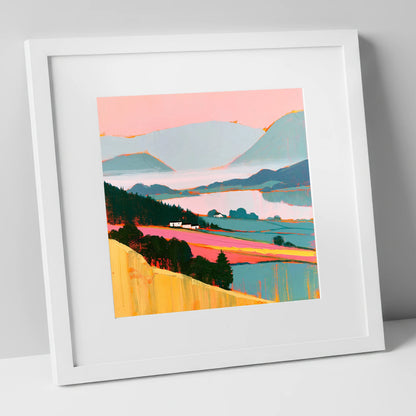 Pink Morning Valley Mist lake district sky art print in white frame