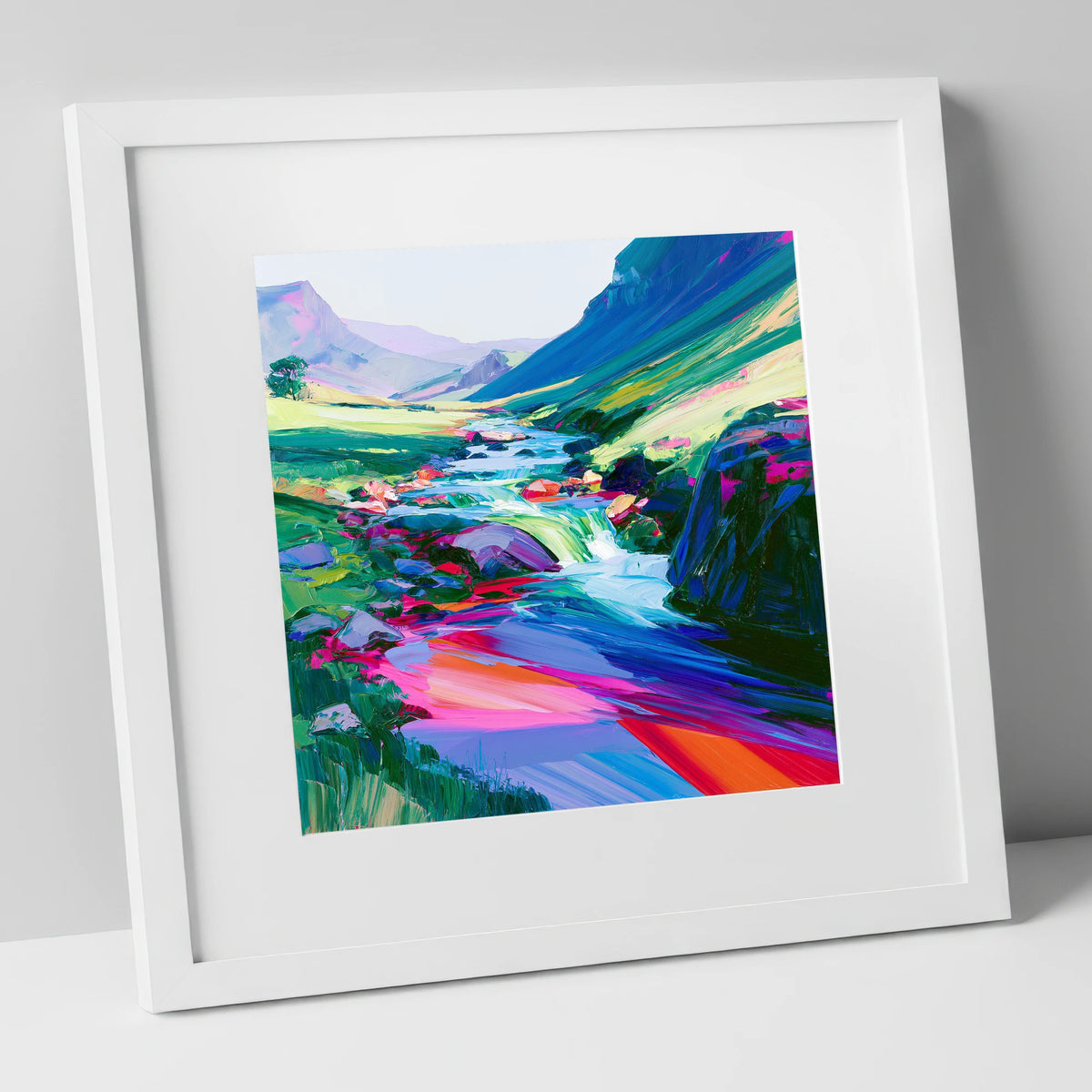 Vivid Fellside Beck Waterfall lake district waterfall art print in white frame