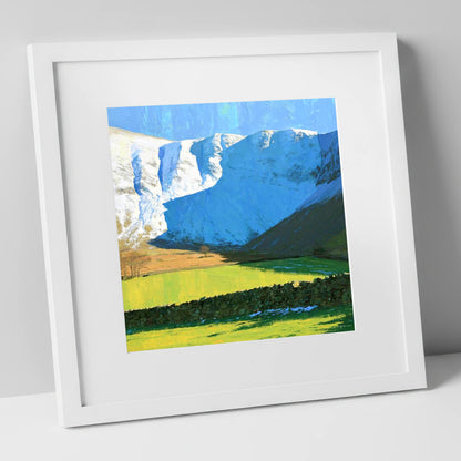 Bannerdale Crags Winter Sunlight lake district fell art print in white frame