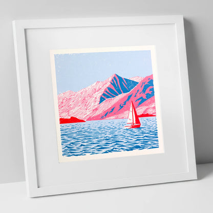 Red Sailboat on Vibrant Ullswater lake district lake art print in white frame