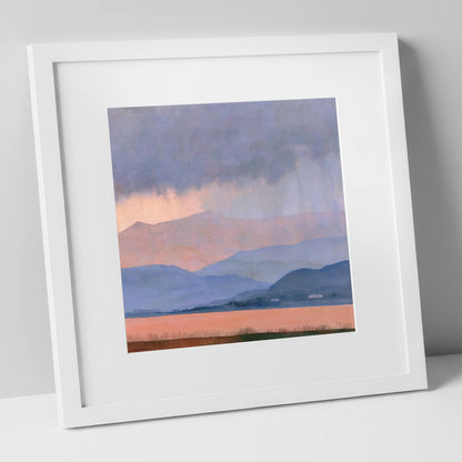 Lavender Fells Beneath Storm Clouds lake district sky art print in white frame