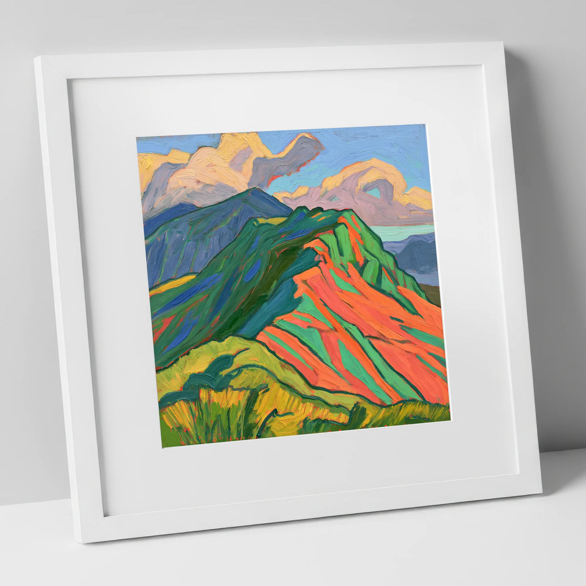 Vibrant Mountain Ridge lake district fell art print in white frame