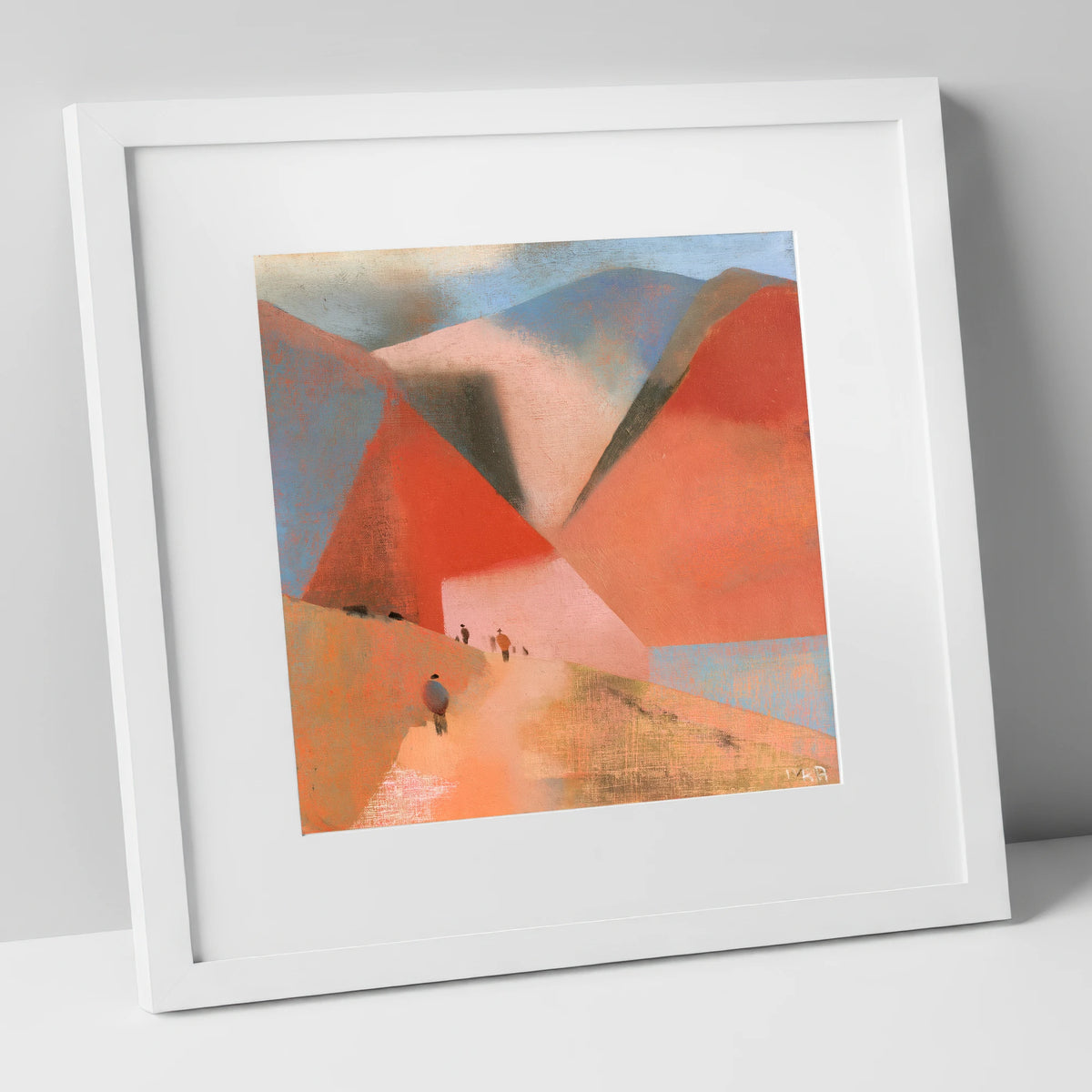 Terracotta Fells and Mountain Walkers lake district walking art print in white frame