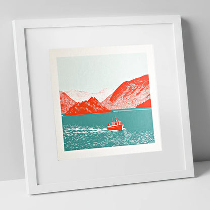 Red Boat on Teal Derwentwater lake district lake art print in white frame