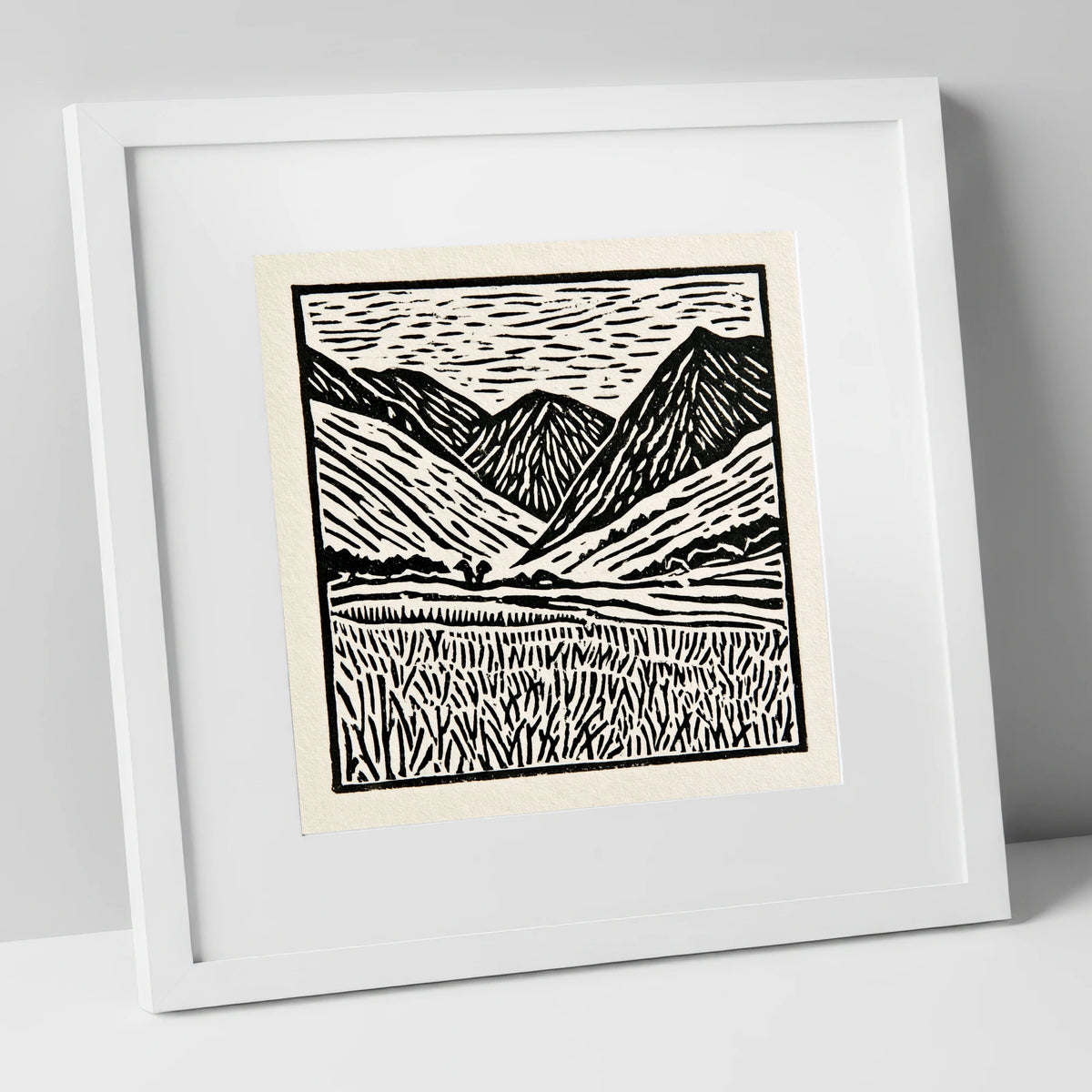 Black and White Borrowdale Fells lake district valley art print in white frame