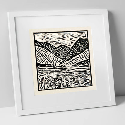 Black and White Borrowdale Fells lake district valley art print in white frame