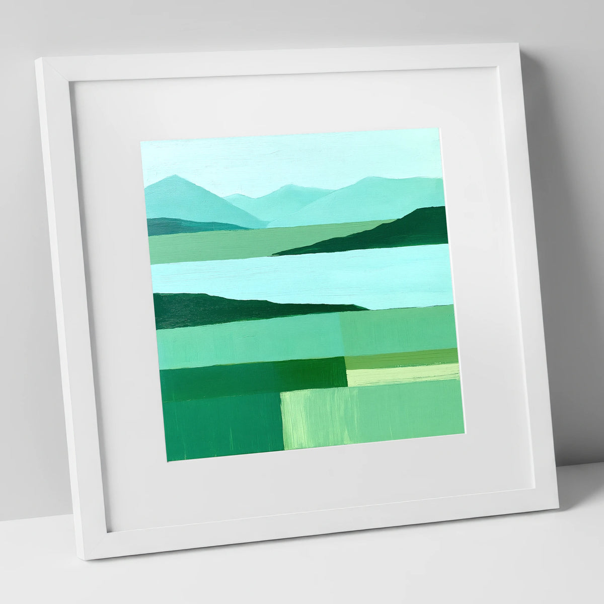 Coniston Water in Abstract Green lake district village art print in white frame