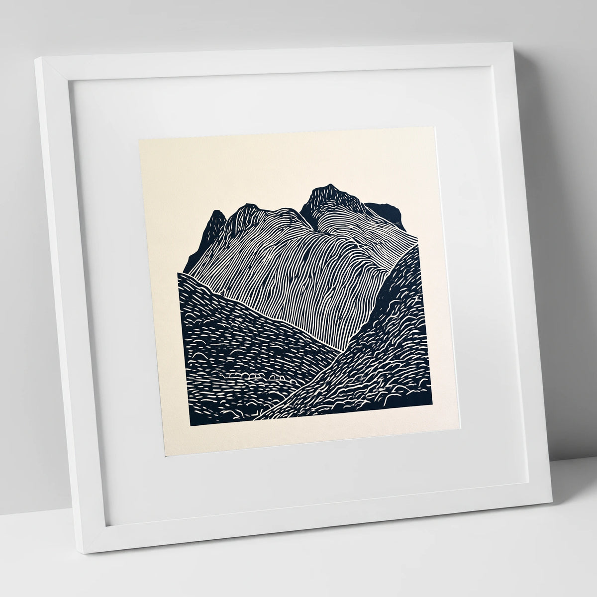 Graphic Monochrome Langdale Pikes lake district fell art print in white frame