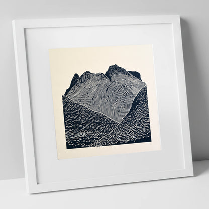 Graphic Monochrome Langdale Pikes lake district fell art print in white frame