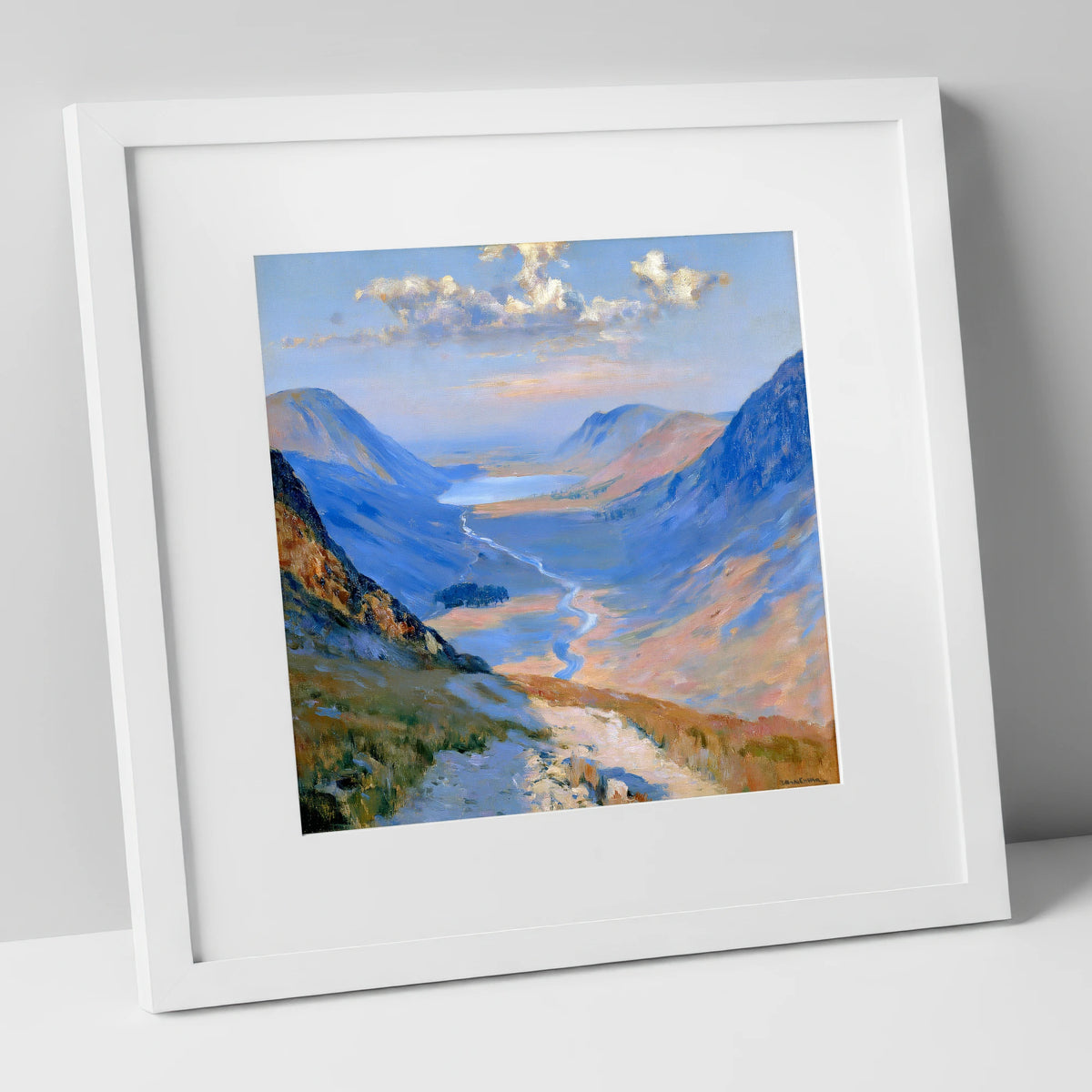 Sunlit Valley Trail from Haystacks lake district fell art print in white frame