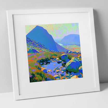 Vibrant Haystacks and Rocky Tarn lake district fell art print in white frame