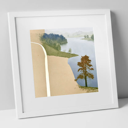 Lone Tree at Tarn Hows lake district lake art print in white frame