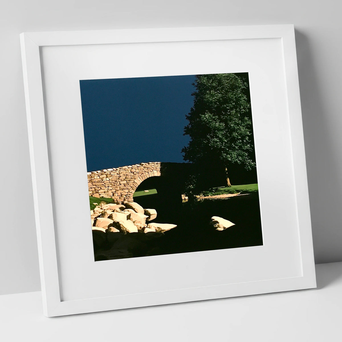 Stone Bridge Against Midnight Sky lake district waterfall art print in white frame