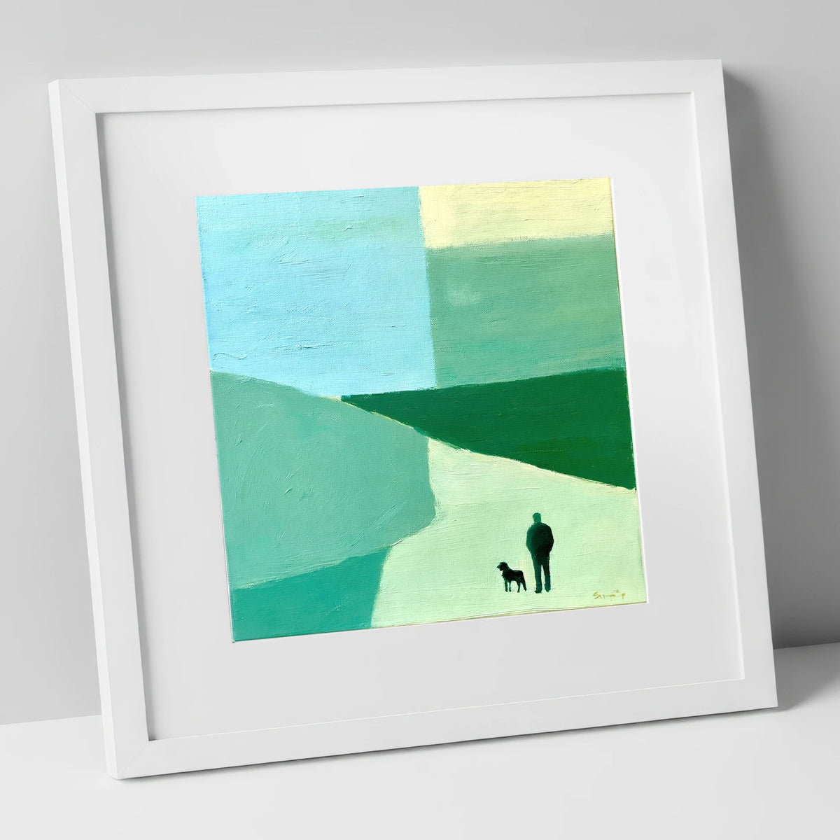 Shepherd and Dog Abstract Fells lake district wildlife art print in white frame