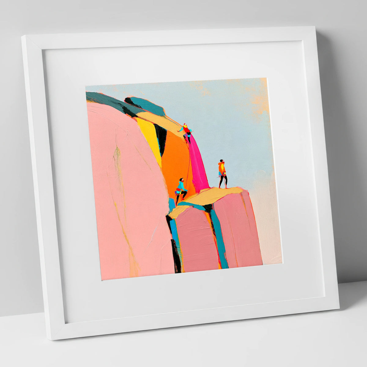Vibrant Rock Climbers on Crag lake district walking art print in white frame