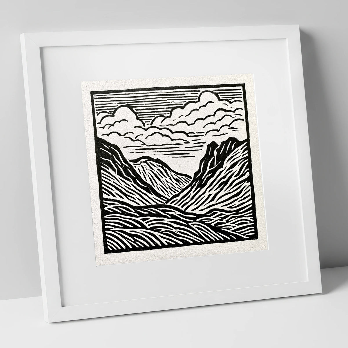 Monochrome Great Langdale Valley lake district valley art print in white frame