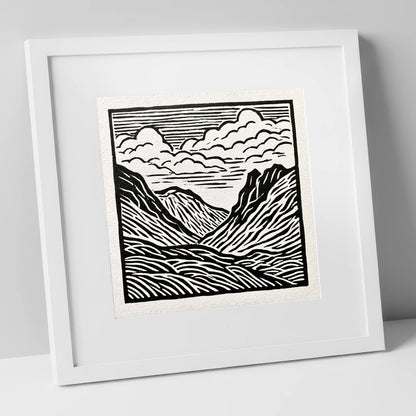 Monochrome Great Langdale Valley lake district valley art print in white frame