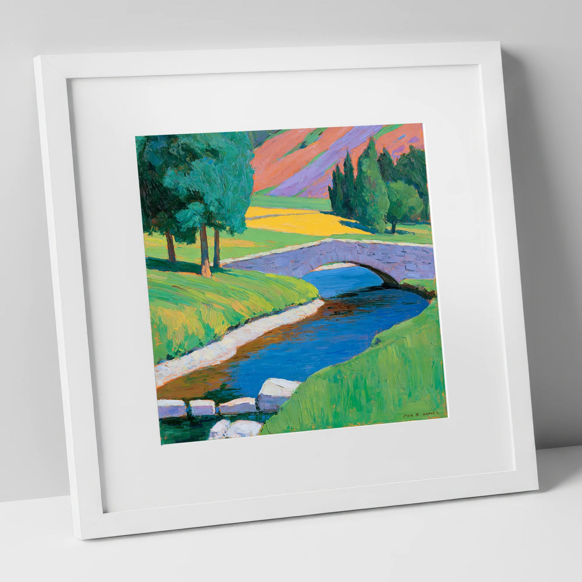 Stone Bridge and Purple Fells lake district waterfall art print in white frame
