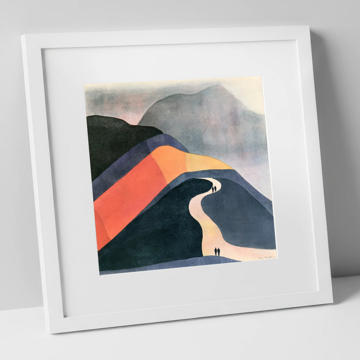 Bold Fell Path With Walkers lake district walking art print in white frame