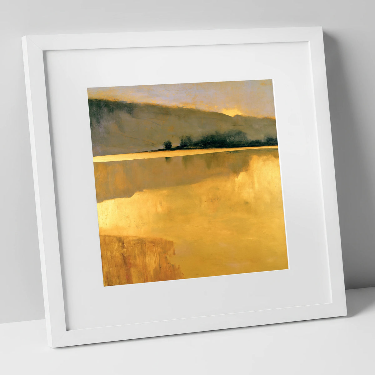 Calm Lake in Golden Light lake district lake art print in white frame