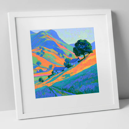 Fellside Cottages in Golden Evening Light lake district sky art print in white frame