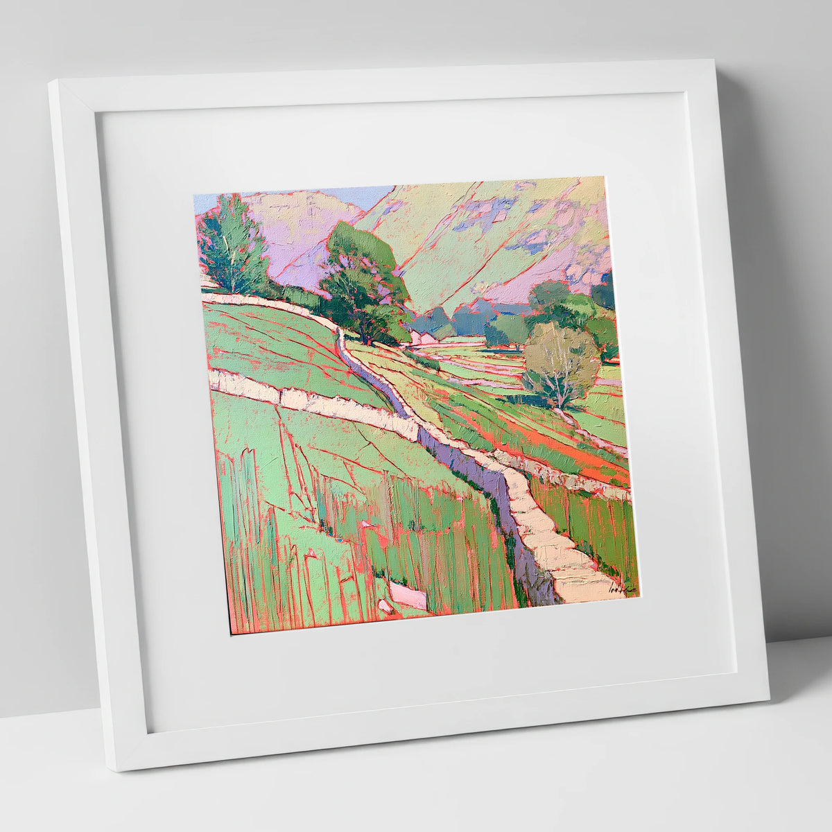 Vivid Drystone Wall Through Valley lake district valley art print in white frame