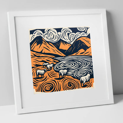 Scafell Pike in Terracotta and Navy lake district fell art print in white frame
