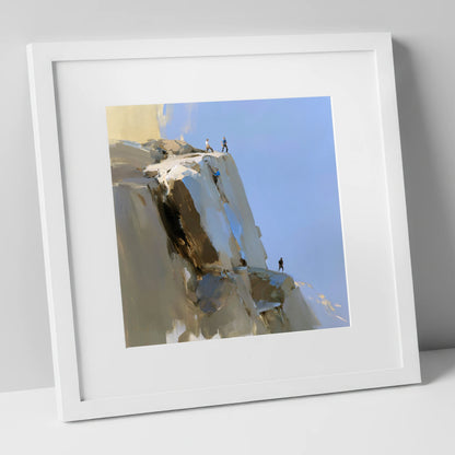 Climbers on a Sunlit Crag lake district walking art print in white frame