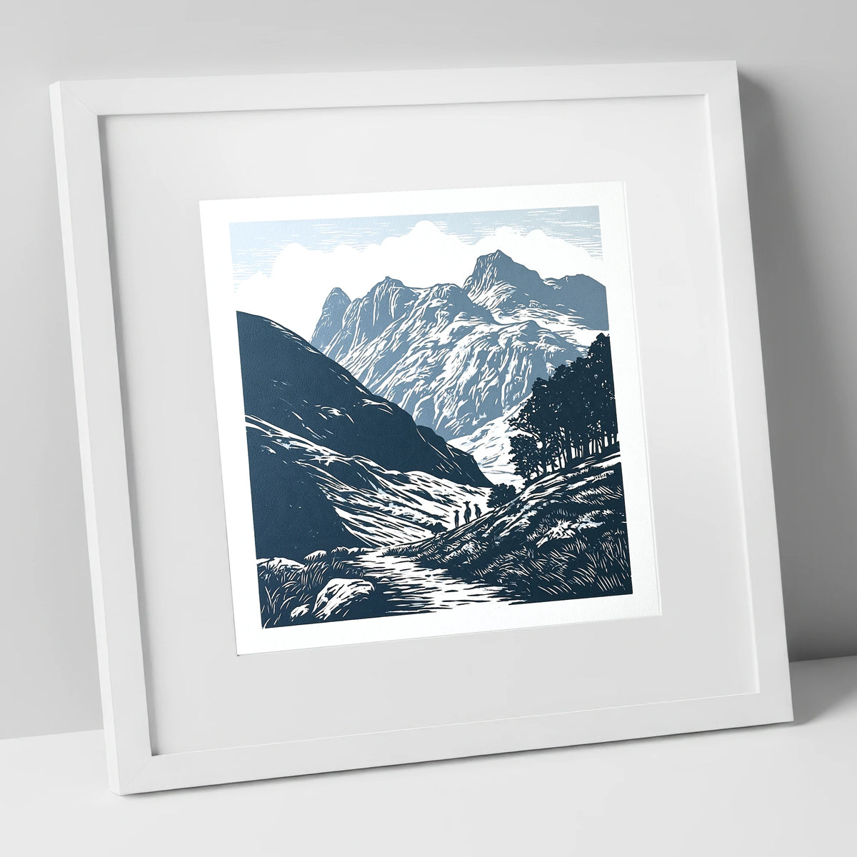 Langdale Pikes in Slate Blue lake district fell art print in white frame