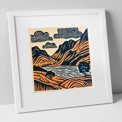 Buttermere Valley in Navy and Terracotta lake district lake art print in white frame