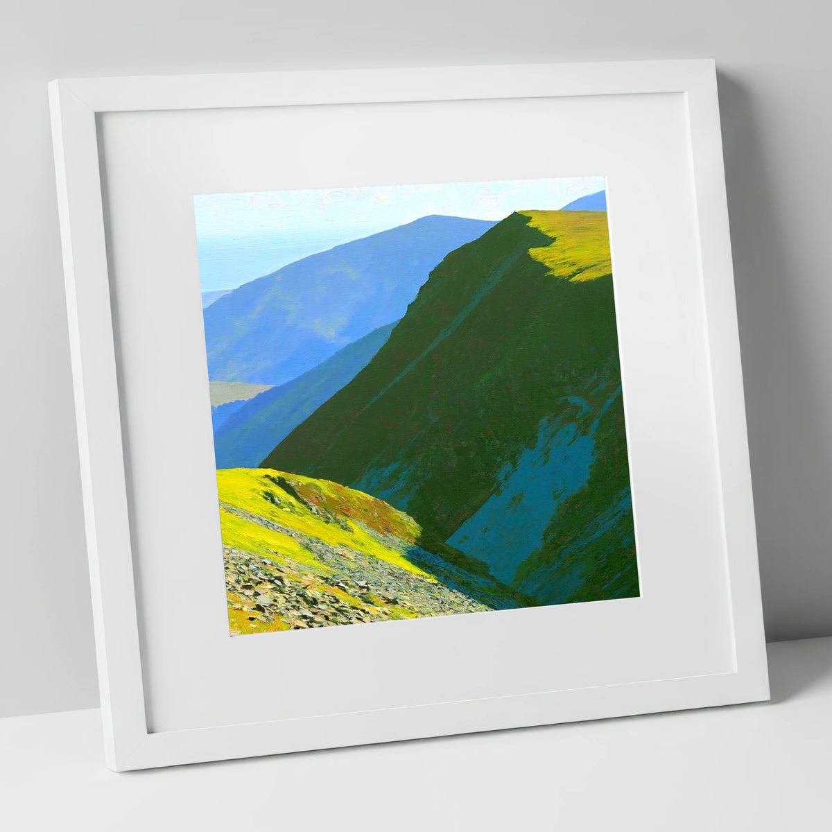 Sunlit Knott Rigg Ridge lake district fell art print in white frame