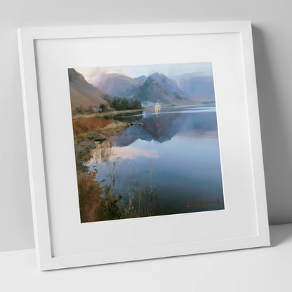 Loweswater Lake in Misty Light lake district lake art print in white frame