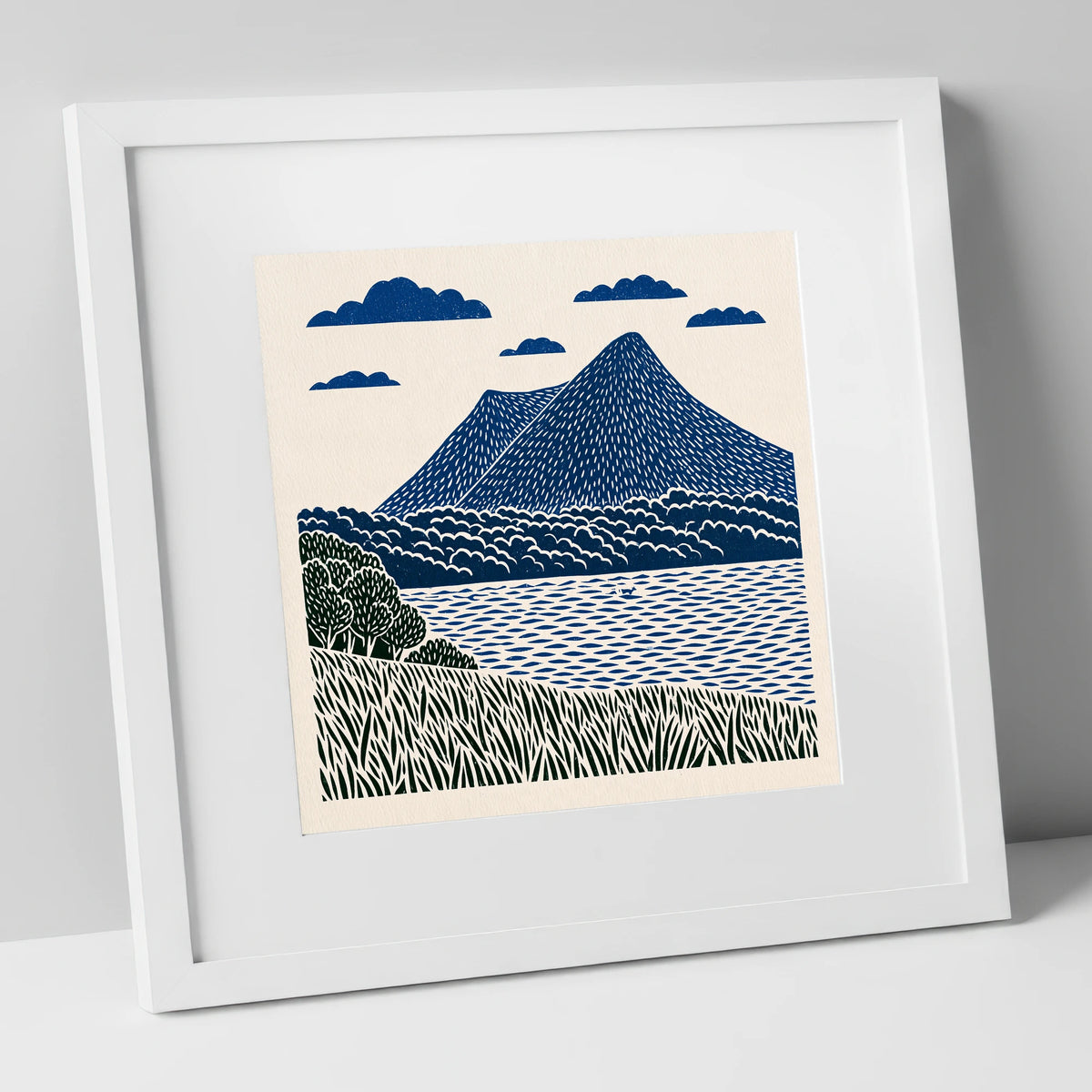 Graphic Navy Catbells Fell lake district fell art print in white frame