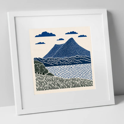 Graphic Navy Catbells Fell lake district fell art print in white frame