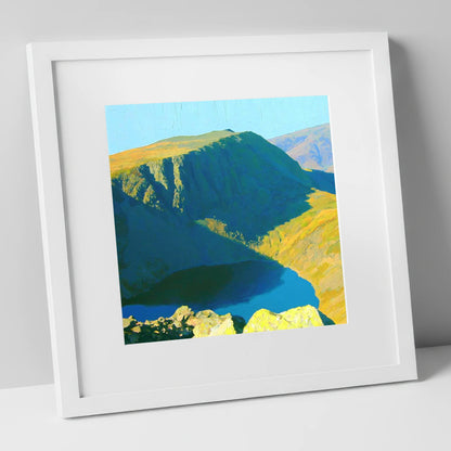 Vibrant Harter Fell Mountain Tarn lake district fell art print in white frame