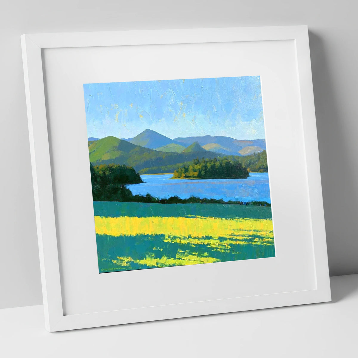 Sunlit Derwentwater From Crow Park lake district village art print in white frame