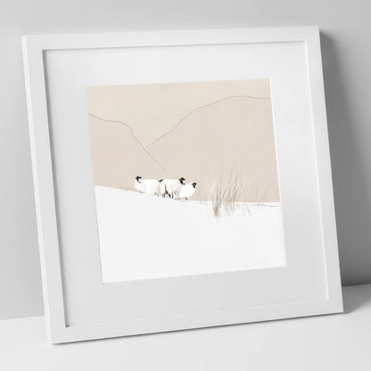 Herdwick Sheep on Minimalist Fell lake district wildlife art print in white frame