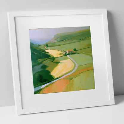 Valley Farm in Golden Light lake district valley art print in white frame