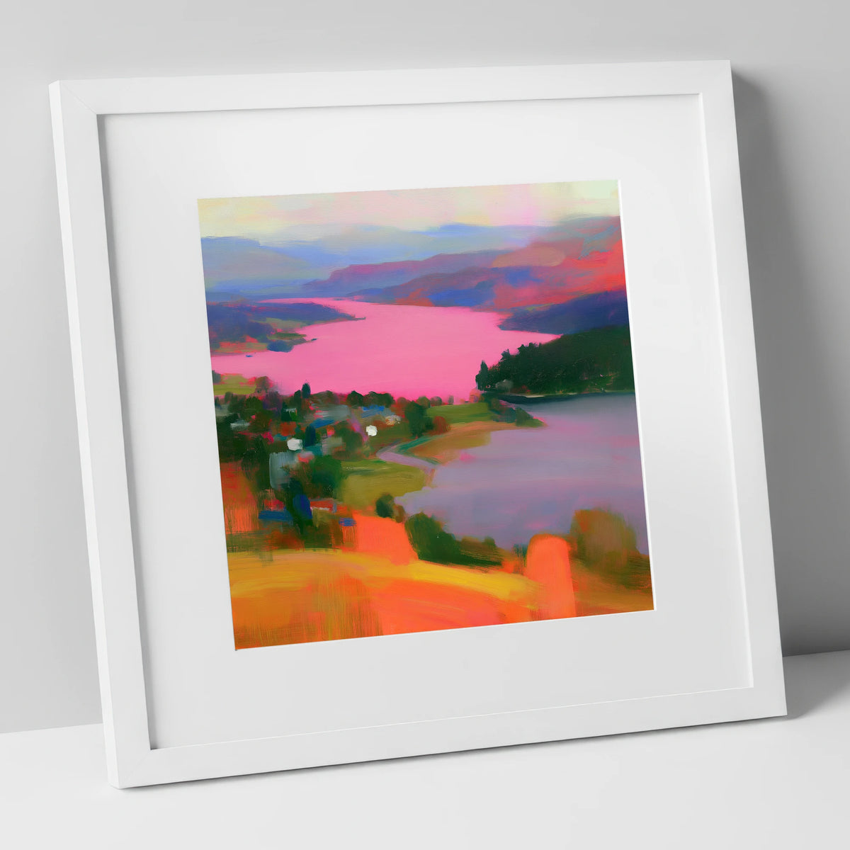 Ambleside Over Pink Waters lake district village art print in white frame