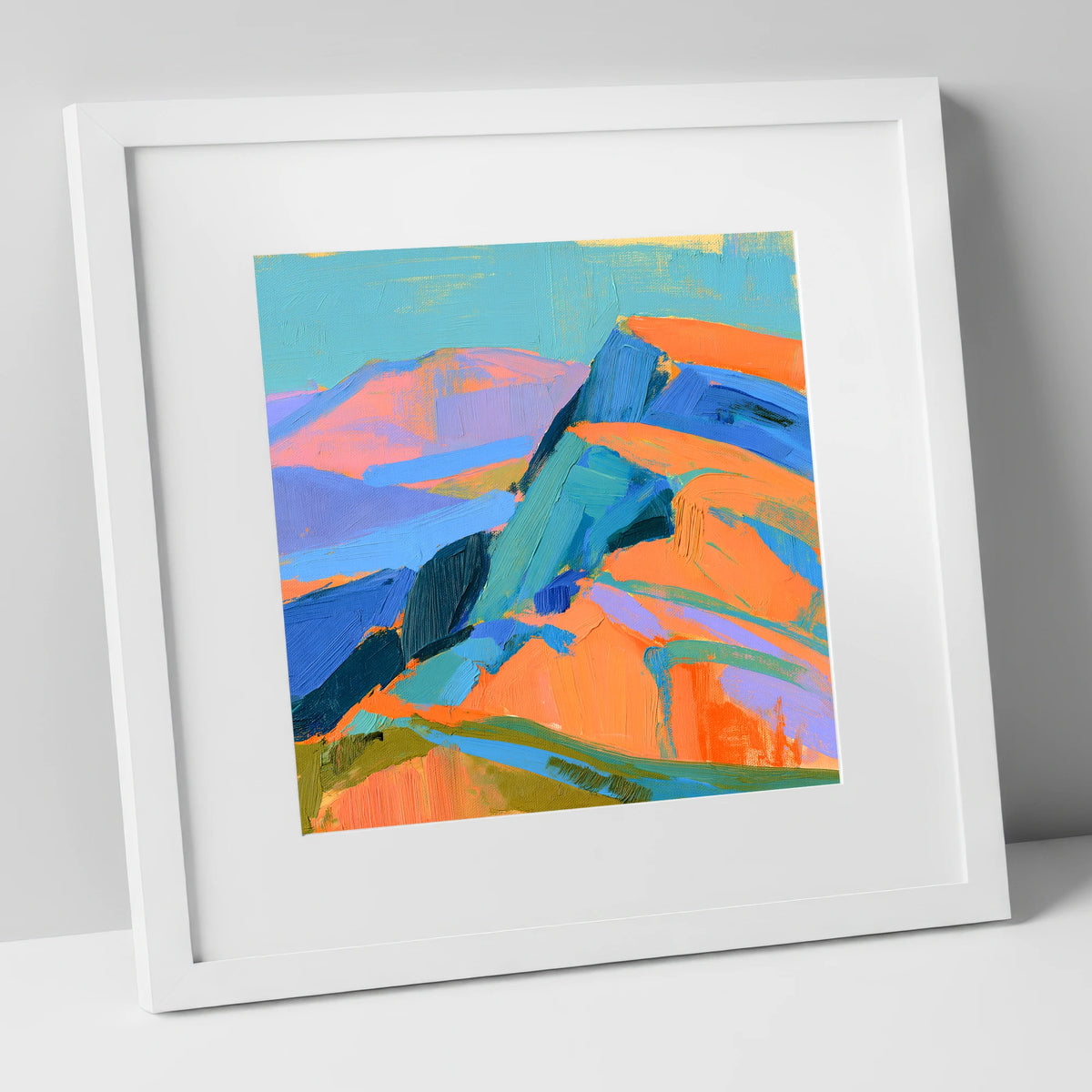 Bright Orange Fell Summit lake district fell art print in white frame