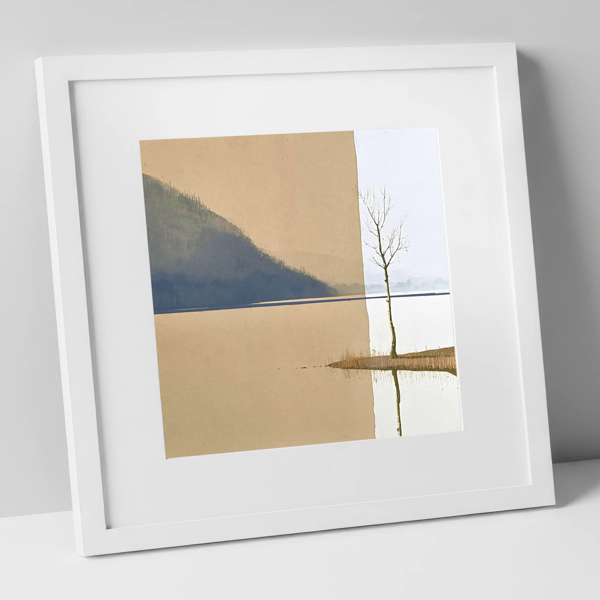 Minimalist Tree at Bassenthwaite Lake lake district lake art print in white frame
