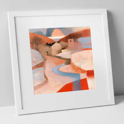 Terracotta Winding River Valley lake district waterfall art print in white frame